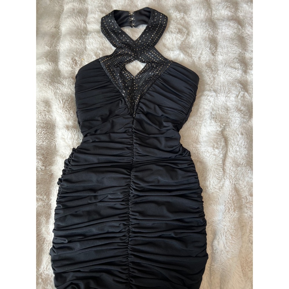 Crystal Doll Y2K Black Ruched Mini‎ Dress with Rhinestone Halter Neckline Size S